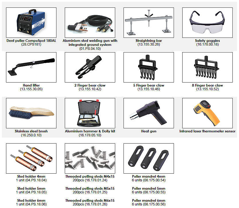 180AL Included Accessories Included Accessories with Alumatech Aluminum Dent Puller Workcenter