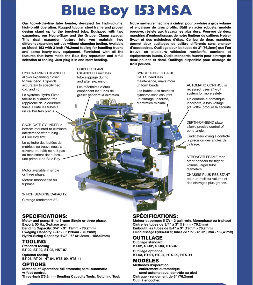 Blue Boy 153 MSA Pipe bender Blue Boy 153 MSA Pipe Bender Features And Specifications