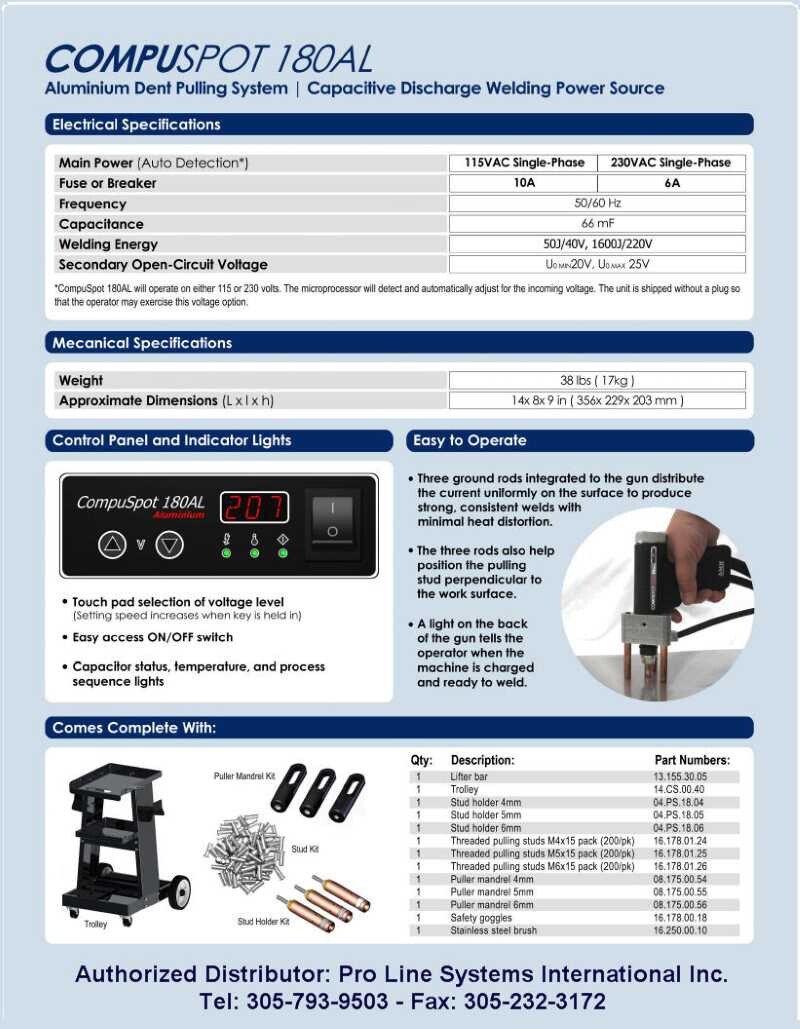 Compuspot 180AL Compuspot 180AL Aluminum Dent Puller Specifications