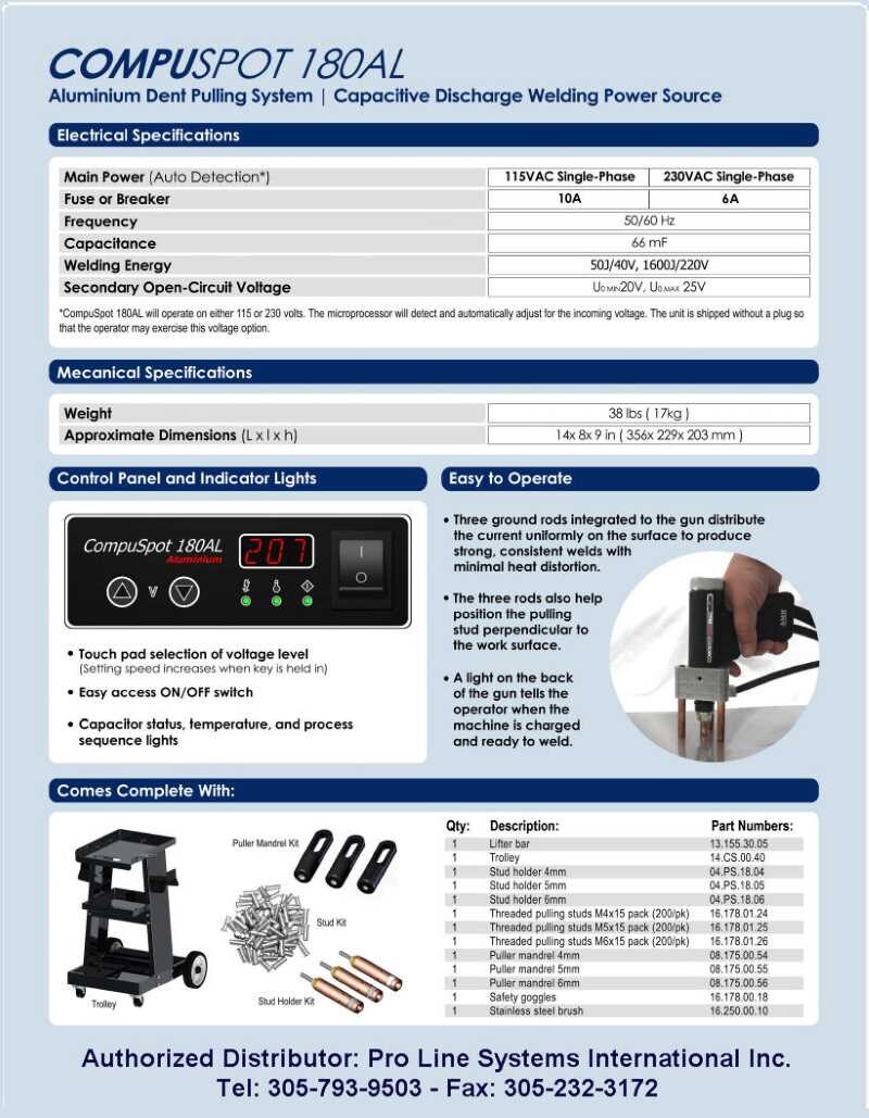 Compuspot 180AL Aluminum Dent Puller Specifications 